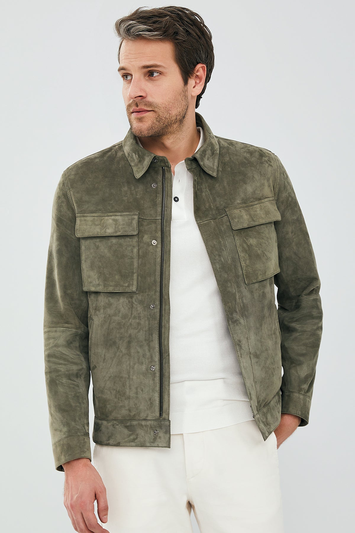 Kante Erkek Koyu Yeşil Süet Deri Ceket 23SGD647910 | Derimod