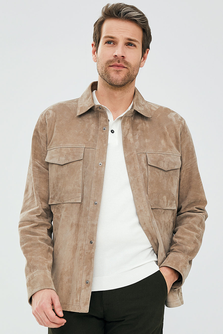 Navas Men's Beige Shirt Style Suede Leather Jacket