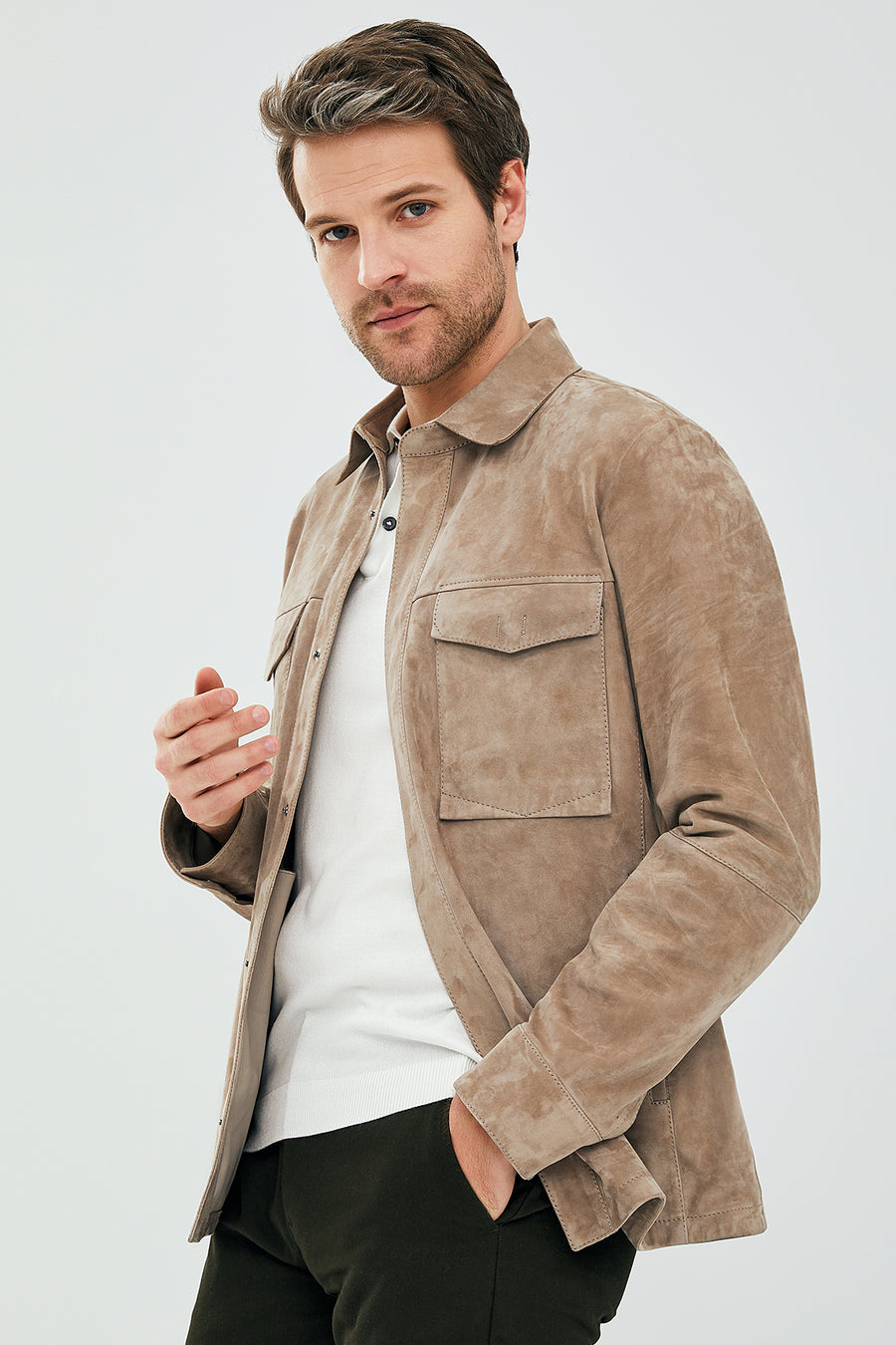 Navas Men's Beige Shirt Style Suede Leather Jacket