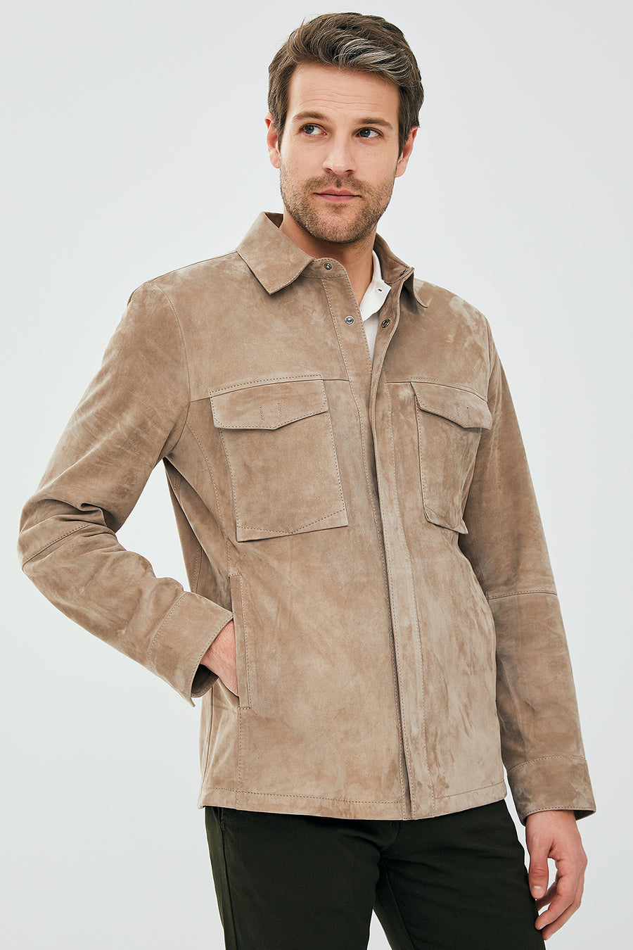 Navas Men's Beige Shirt Style Suede Leather Jacket