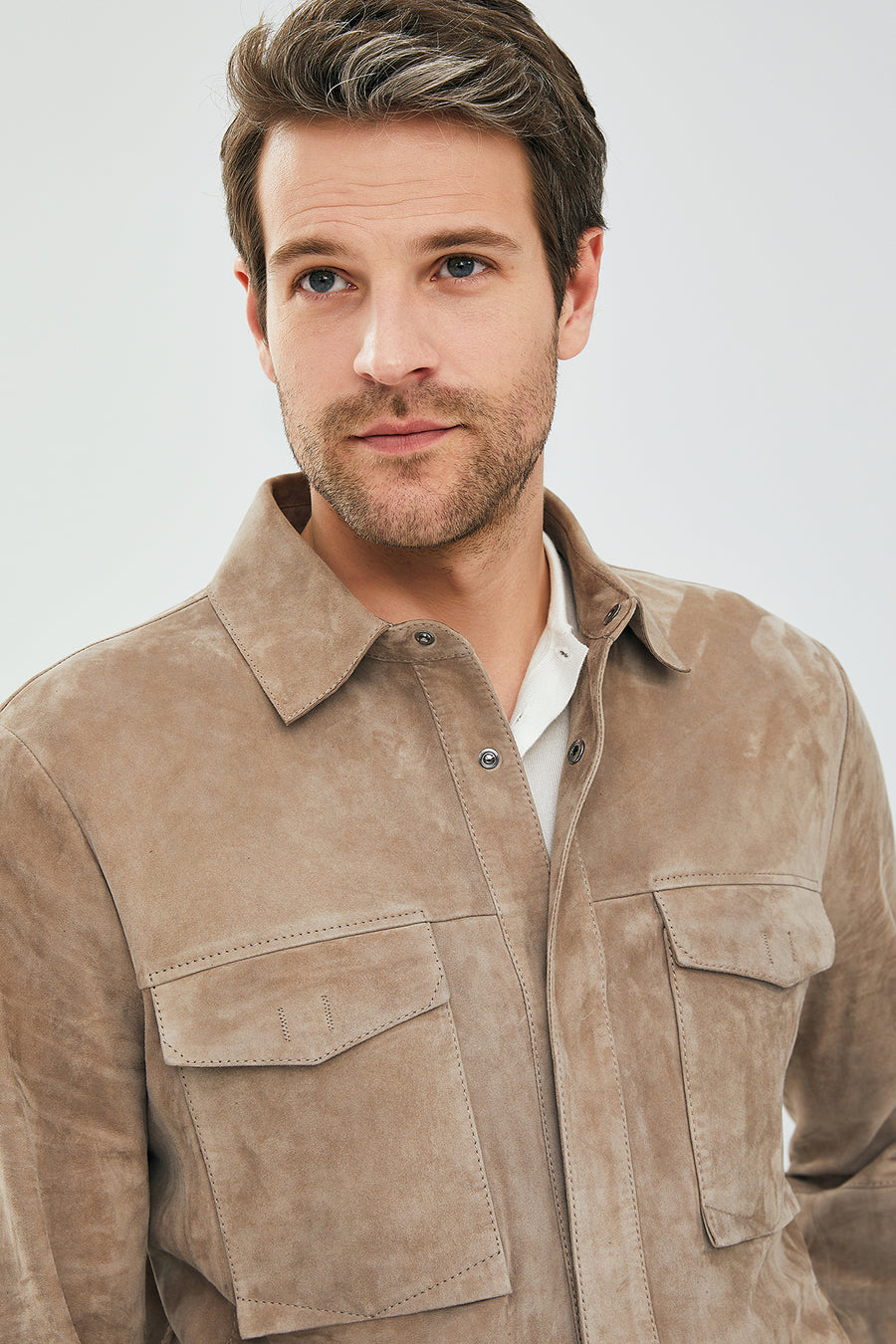 Navas Men's Beige Shirt Style Suede Leather Jacket