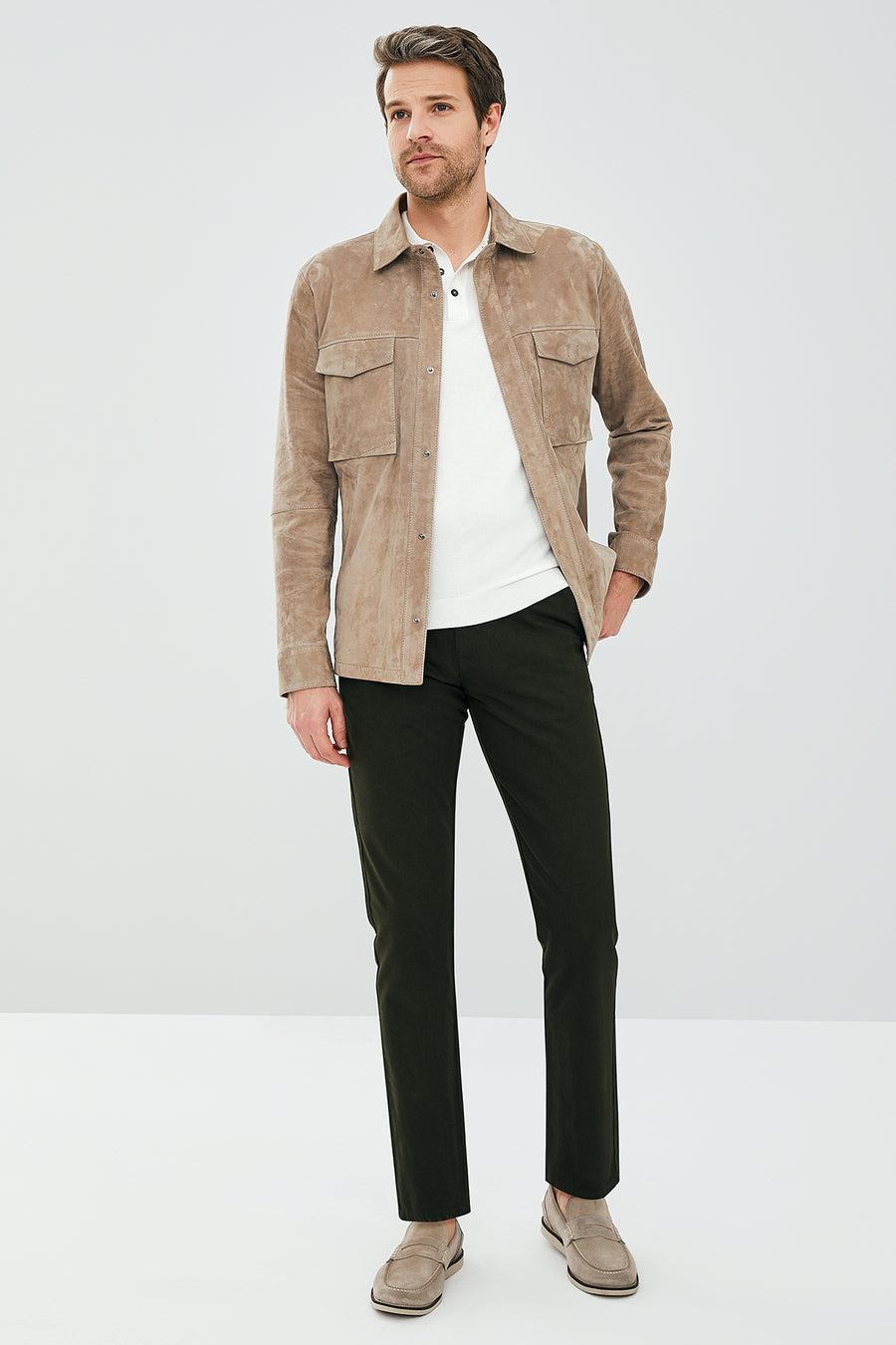 Navas Men's Beige Shirt Style Suede Leather Jacket