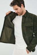 Navas Men Green Shirt Style Suede Leather Jacket | Derimod