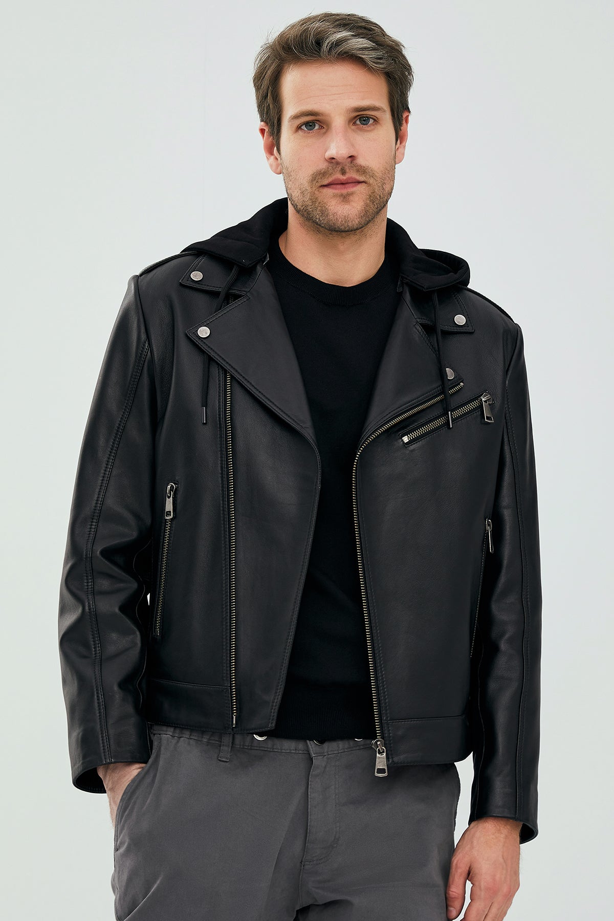 Lowry Men's Black Hooded Leather Biker Coat 23SGD64851M | Derimod