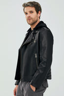 Lowry Men's Black Hooded Leather Biker Coat | Derimod