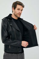 Lowry Men's Black Hooded Leather Biker Coat | Derimod