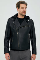 Lowry Men's Black Hooded Leather Biker Coat | Derimod