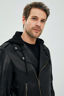 Lowry Men's Black Hooded Leather Biker Coat | Derimod