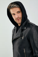 Lowry Men's Black Hooded Leather Biker Coat | Derimod