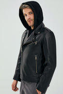 Lowry Men's Black Hooded Leather Biker Coat | Derimod