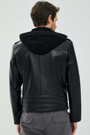Lowry Men's Black Hooded Leather Biker Coat | Derimod