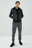 Lowry Men's Black Hooded Leather Biker Coat | Derimod