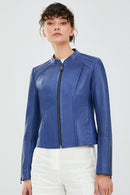 Paris Kadın Mavi Kısa Deri Ceket | Derimod