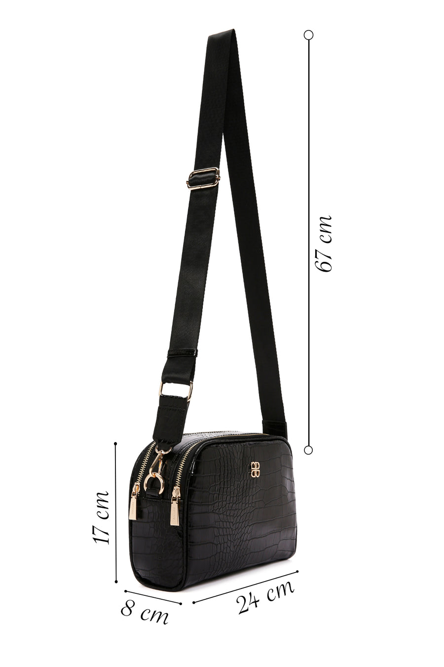 Women's Black Long Strap Crocodile Patterned Crossbody Bag