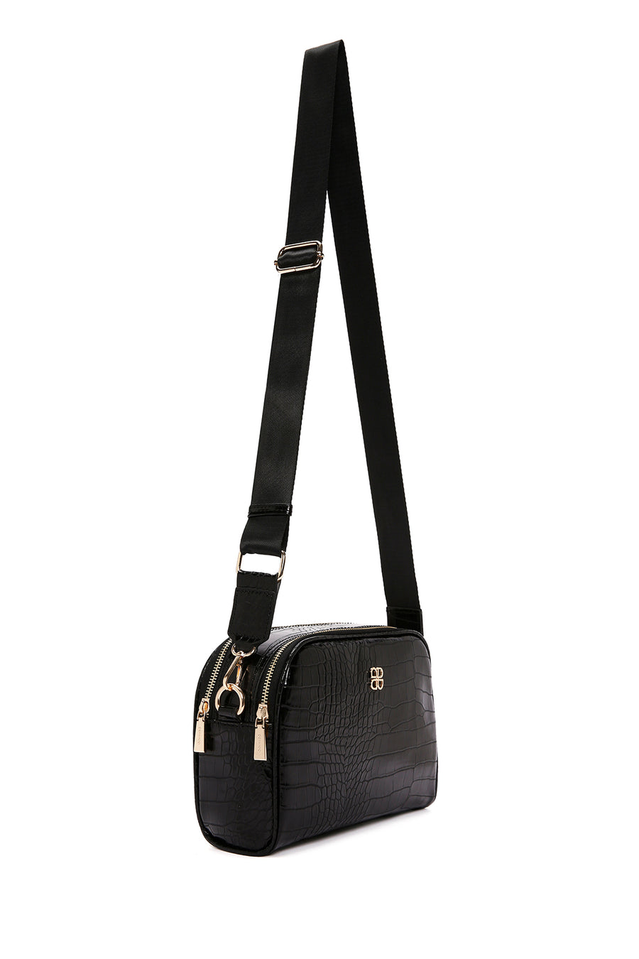Women's Black Long Strap Crocodile Patterned Crossbody Bag