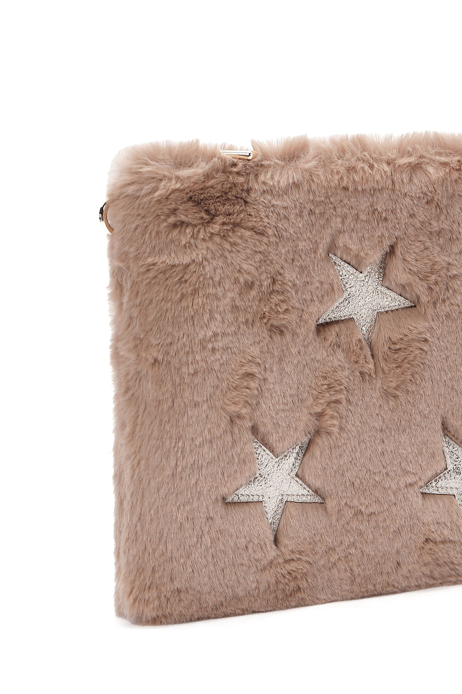 Women's Beige Long Chain Strap Star Pattern Plush Clutch Bag