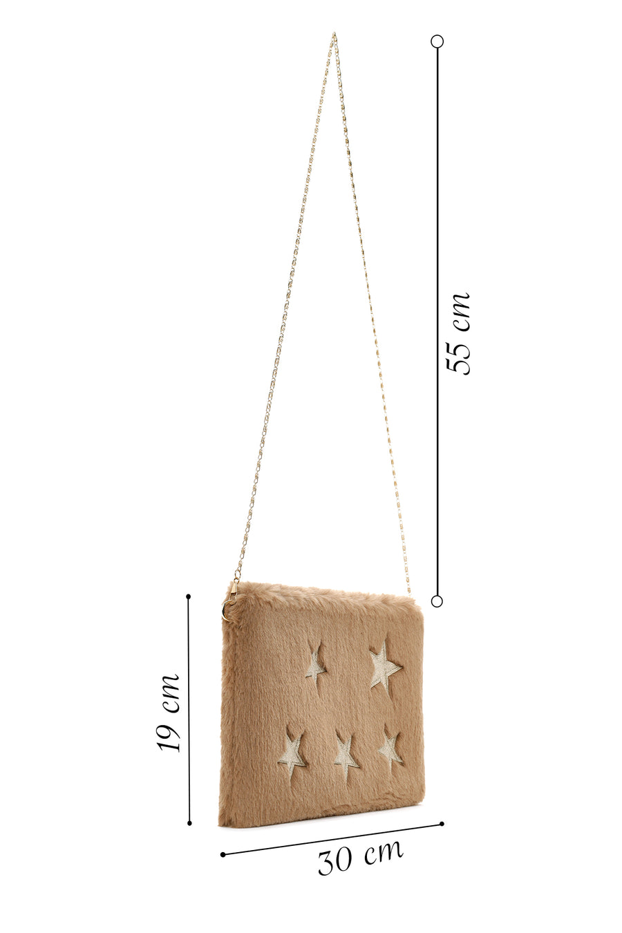 Women's Beige Long Chain Strap Star Pattern Plush Clutch Bag