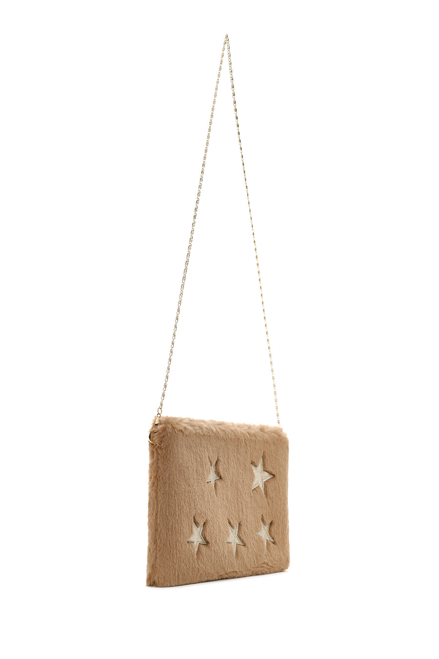 Women's Beige Long Chain Strap Star Pattern Plush Clutch Bag