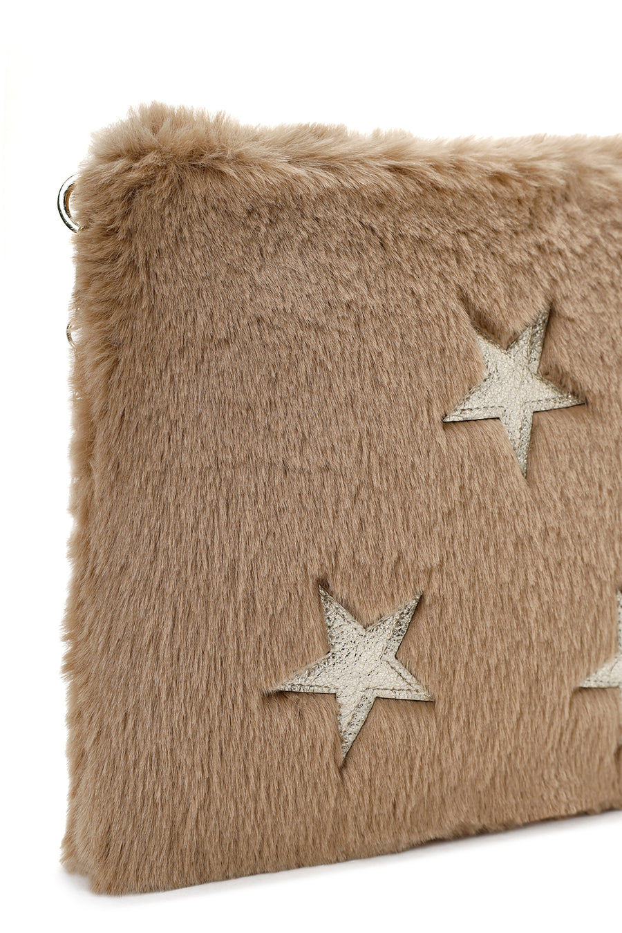 Women's Beige Long Chain Strap Star Pattern Plush Clutch Bag
