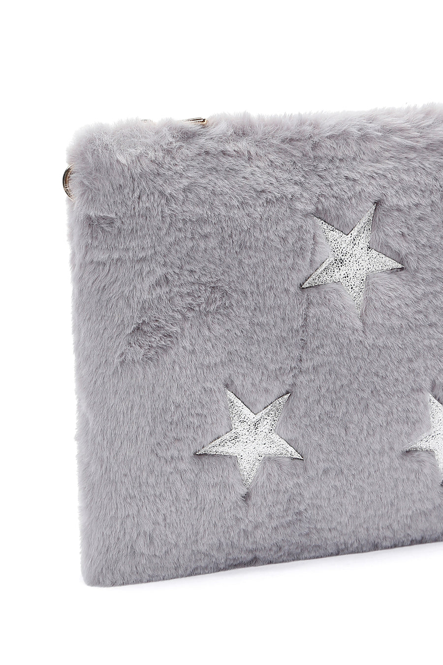 Women's Gray Long Chain Strap Star Pattern Plush Clutch Bag