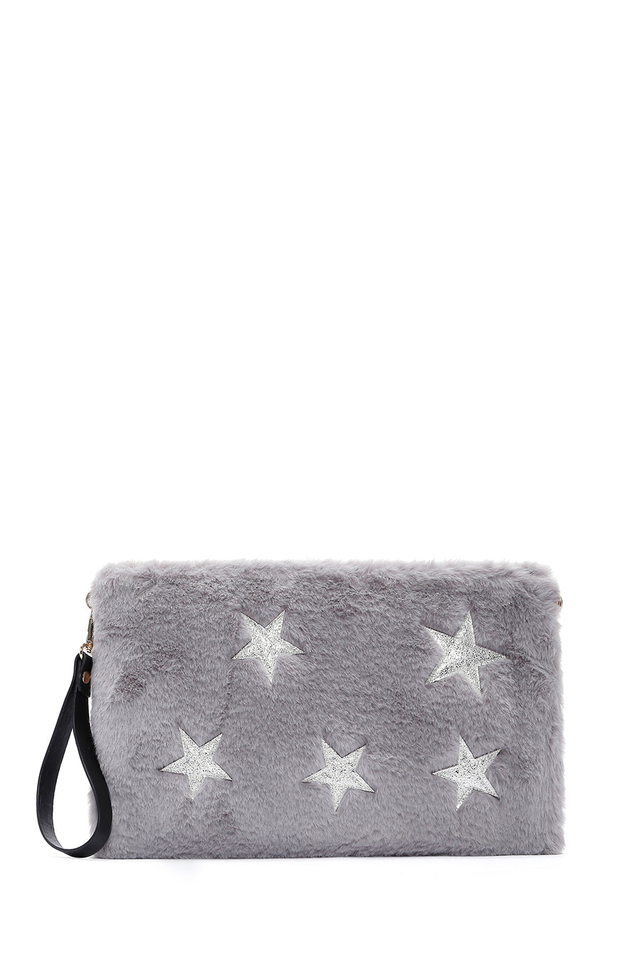Women's Gray Long Chain Strap Star Pattern Plush Clutch Bag