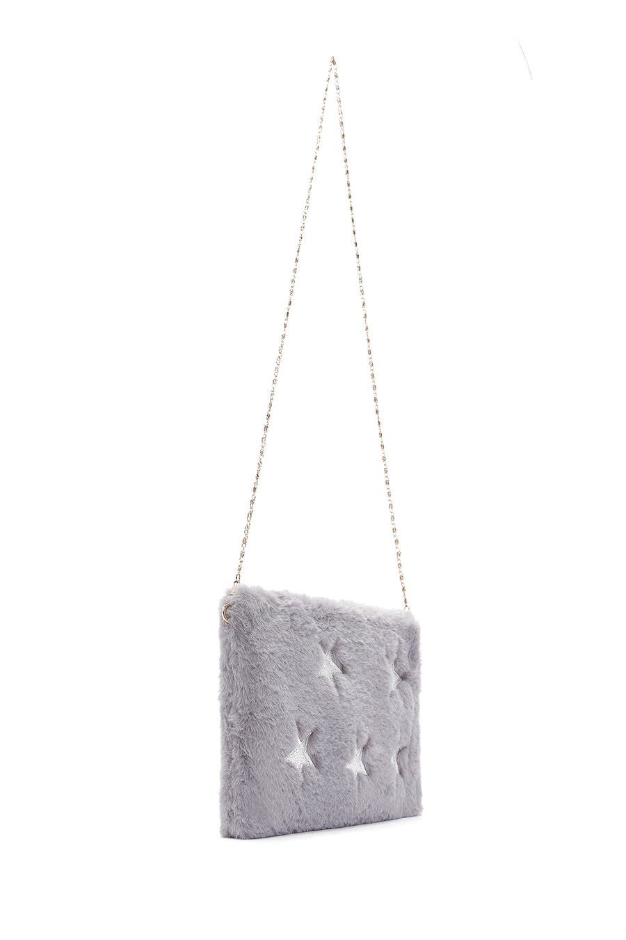 Women's Gray Long Chain Strap Star Pattern Plush Clutch Bag