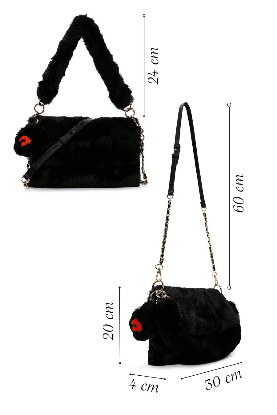 Women's Black Long Strap Plush Shoulder Bag