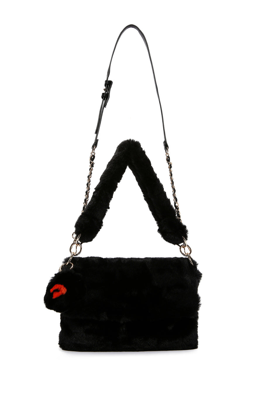 Women's Black Long Strap Plush Shoulder Bag