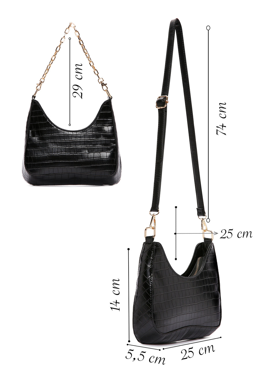 Women's Black Long Strap Crocodile Patterned Shoulder Bag