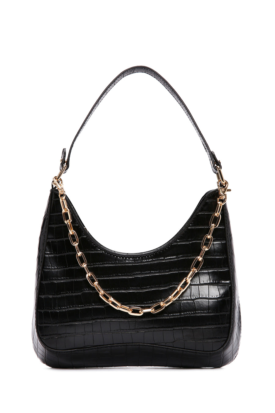 Women's Black Long Strap Crocodile Patterned Shoulder Bag