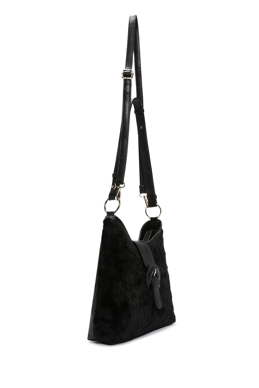 Women's Black Long Strap Plush Handbag