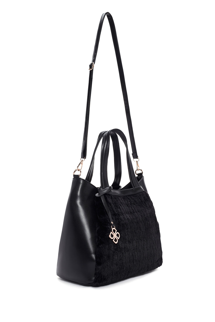 Women's Black Long Strap Plush Handbag