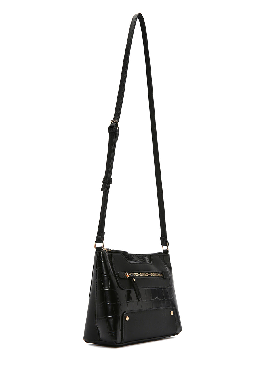 Women's Black Long Strap Crocodile Patterned Crossbody Bag