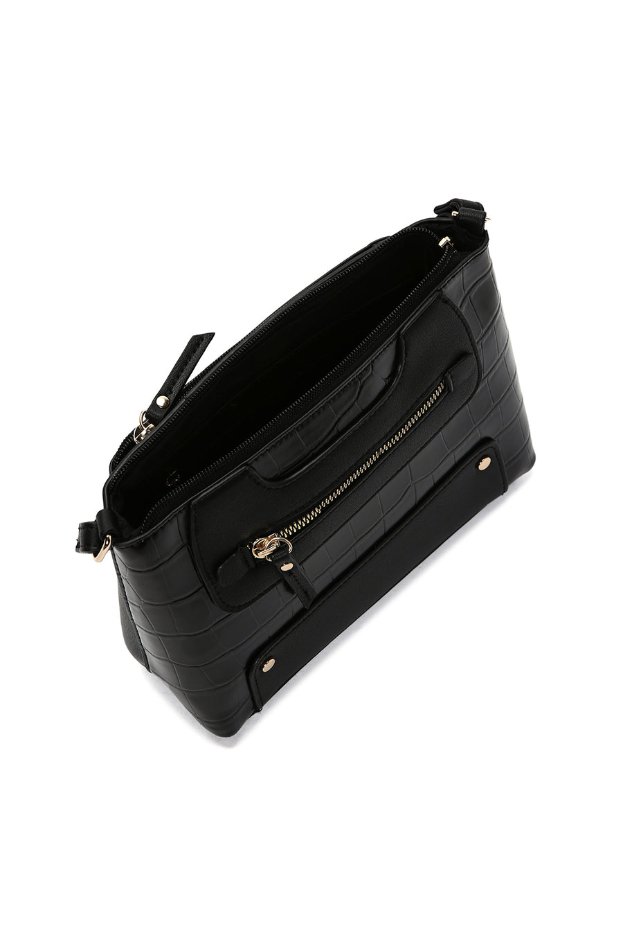 Women's Black Long Strap Crocodile Patterned Crossbody Bag