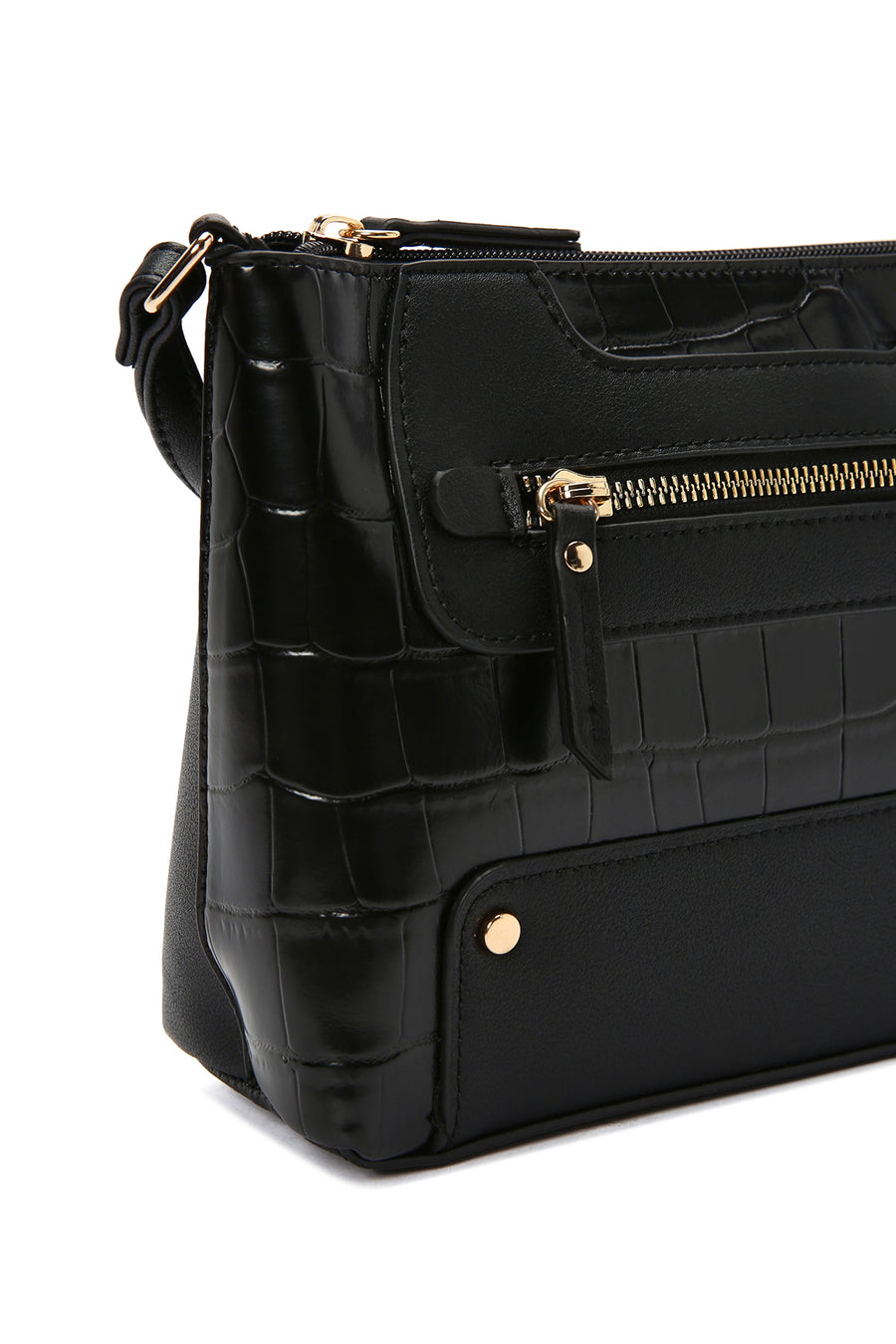 Women's Black Long Strap Crocodile Patterned Crossbody Bag