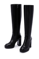 Women's Black Thick Heeled Zippered Leather Boots | Derimod
