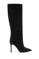 Women's Black Thin Heeled Stone Leather Boots | Derimod