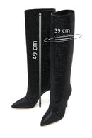 Women's Black Thin Heeled Stone Leather Boots | Derimod