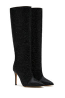 Women's Black Thin Heeled Stone Leather Boots | Derimod