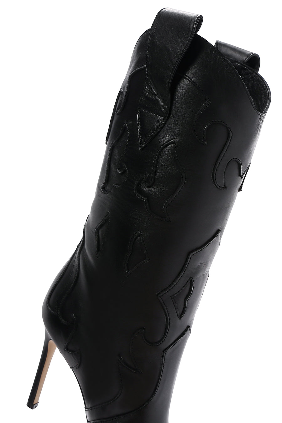 Women's Black Leather High Heeled Cowboy Boots