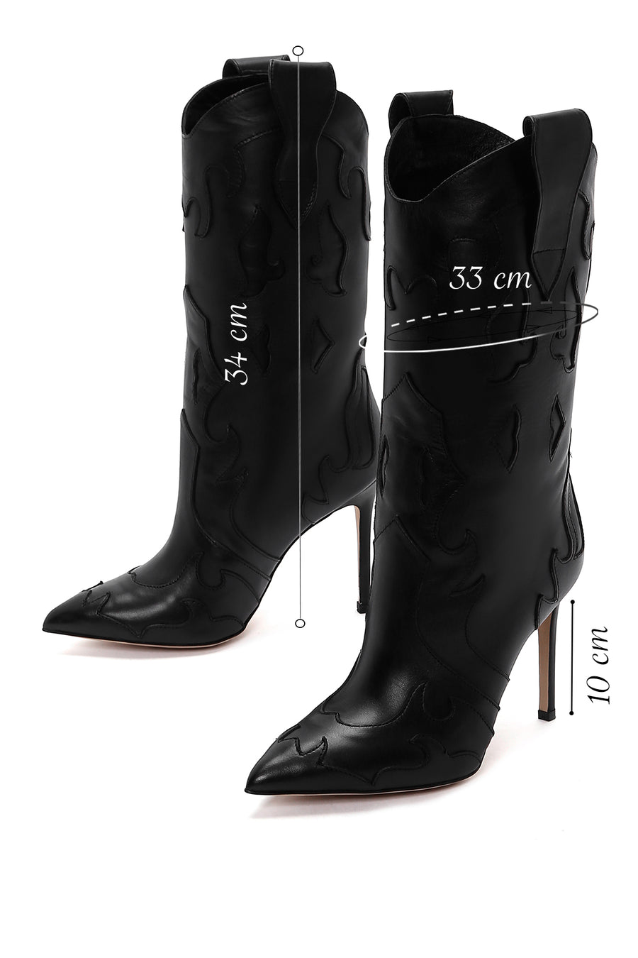 Women's Black Leather High Heeled Cowboy Boots