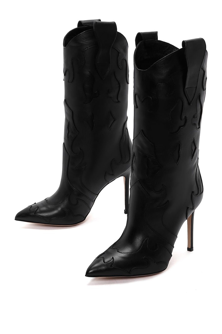 Women's Black Leather High Heeled Cowboy Boots