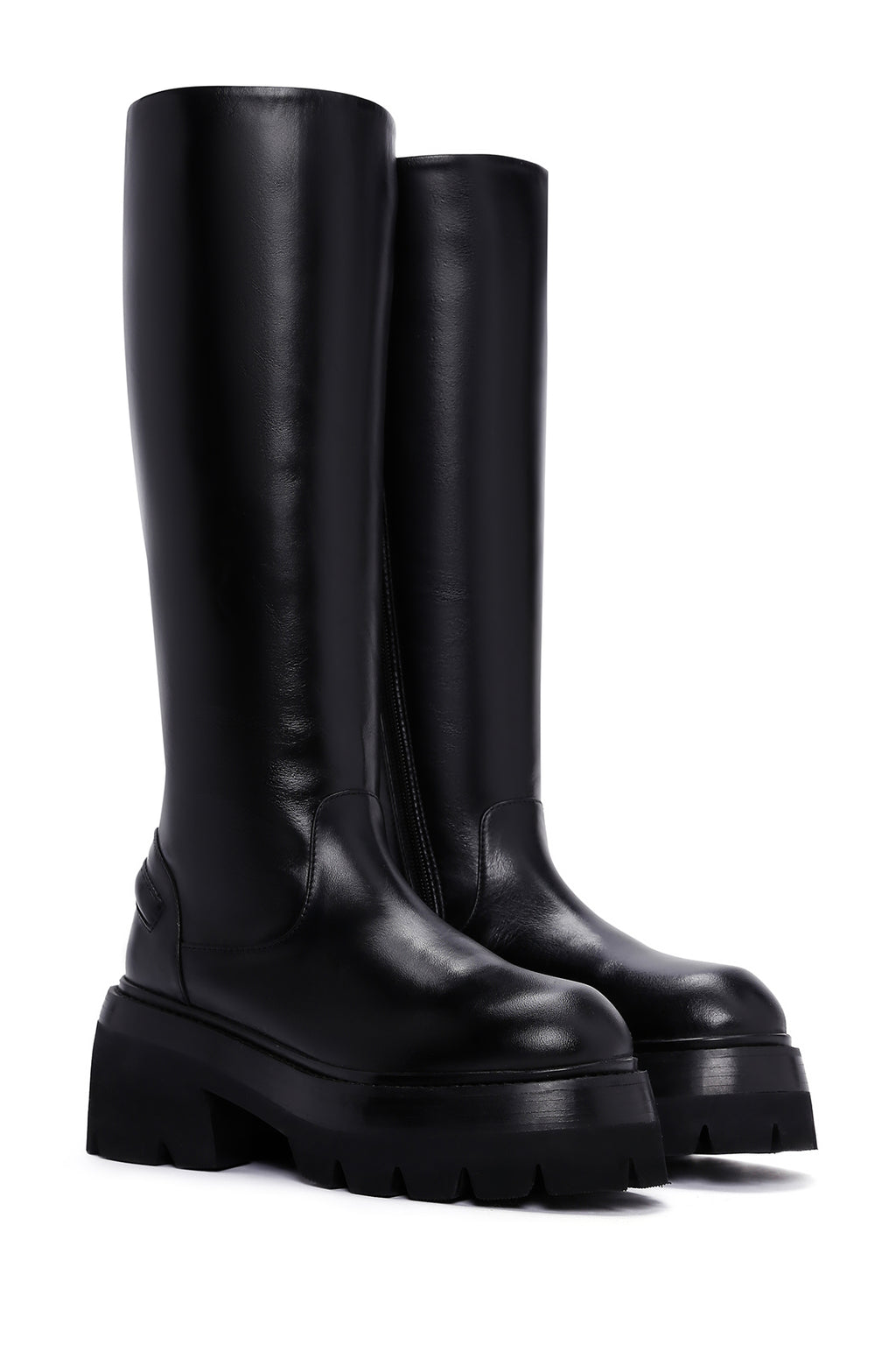 Kadın Siyah Kalın Yüksek Tabanlı Fermuarlı Deri Çizme