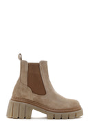 Women's Beige Thick Soled Casual Chelsea Suede Leather Boots | Derimod
