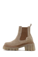 Women's Beige Thick Soled Casual Chelsea Suede Leather Boots | Derimod
