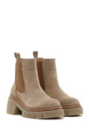 Women's Beige Thick Soled Casual Chelsea Suede Leather Boots | Derimod