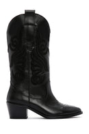 Women's Black Leather Heeled Cowboy Western Boots | Derimod