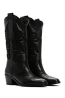 Women's Black Leather Heeled Cowboy Western Boots | Derimod
