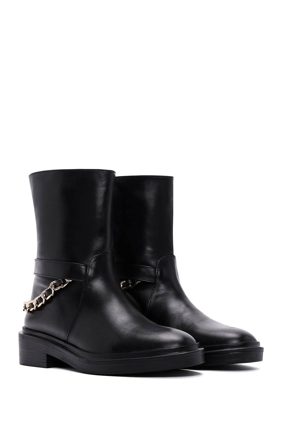 Women's Black Leather Chain Boots