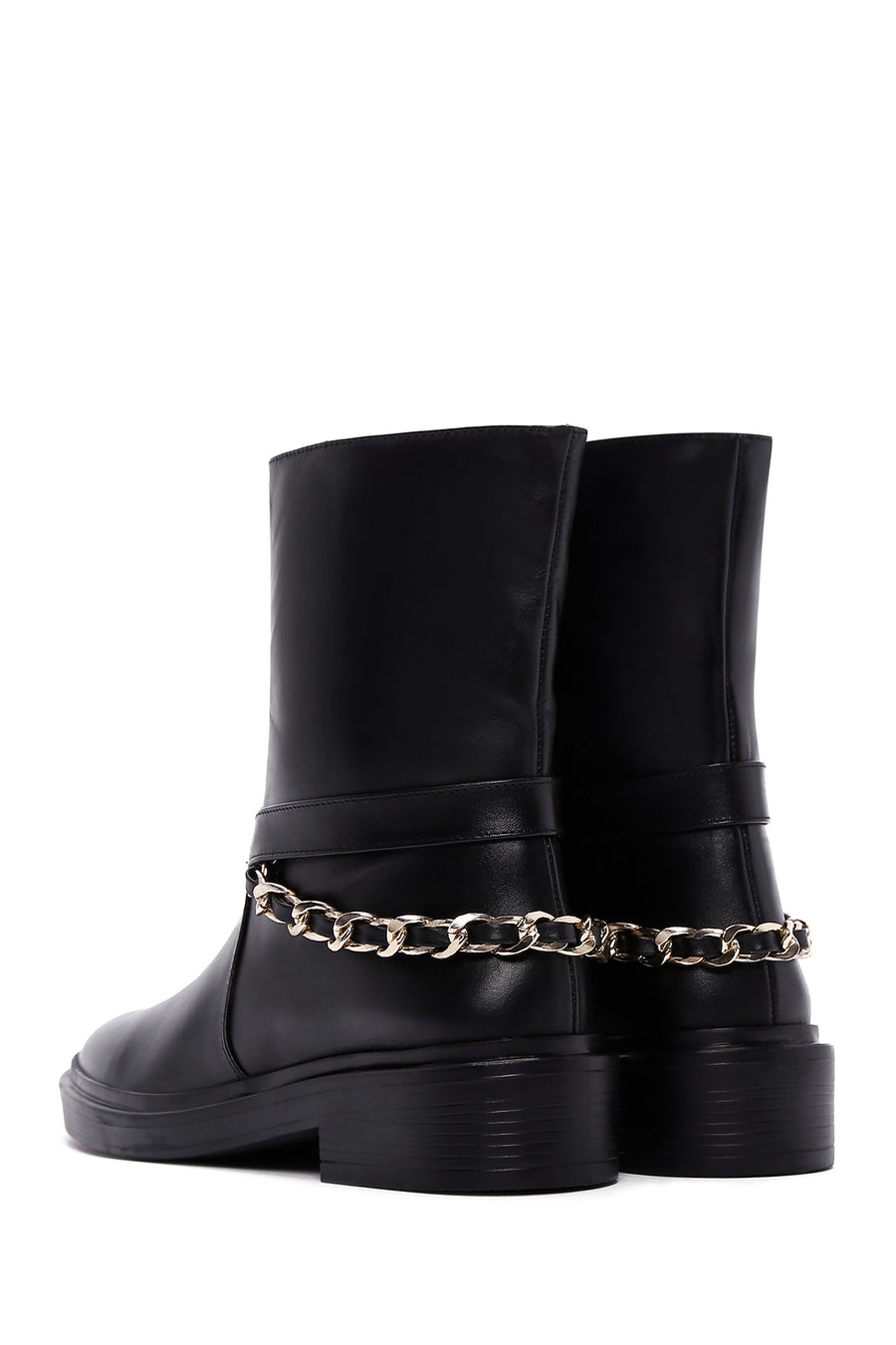 Women's Black Leather Chain Boots